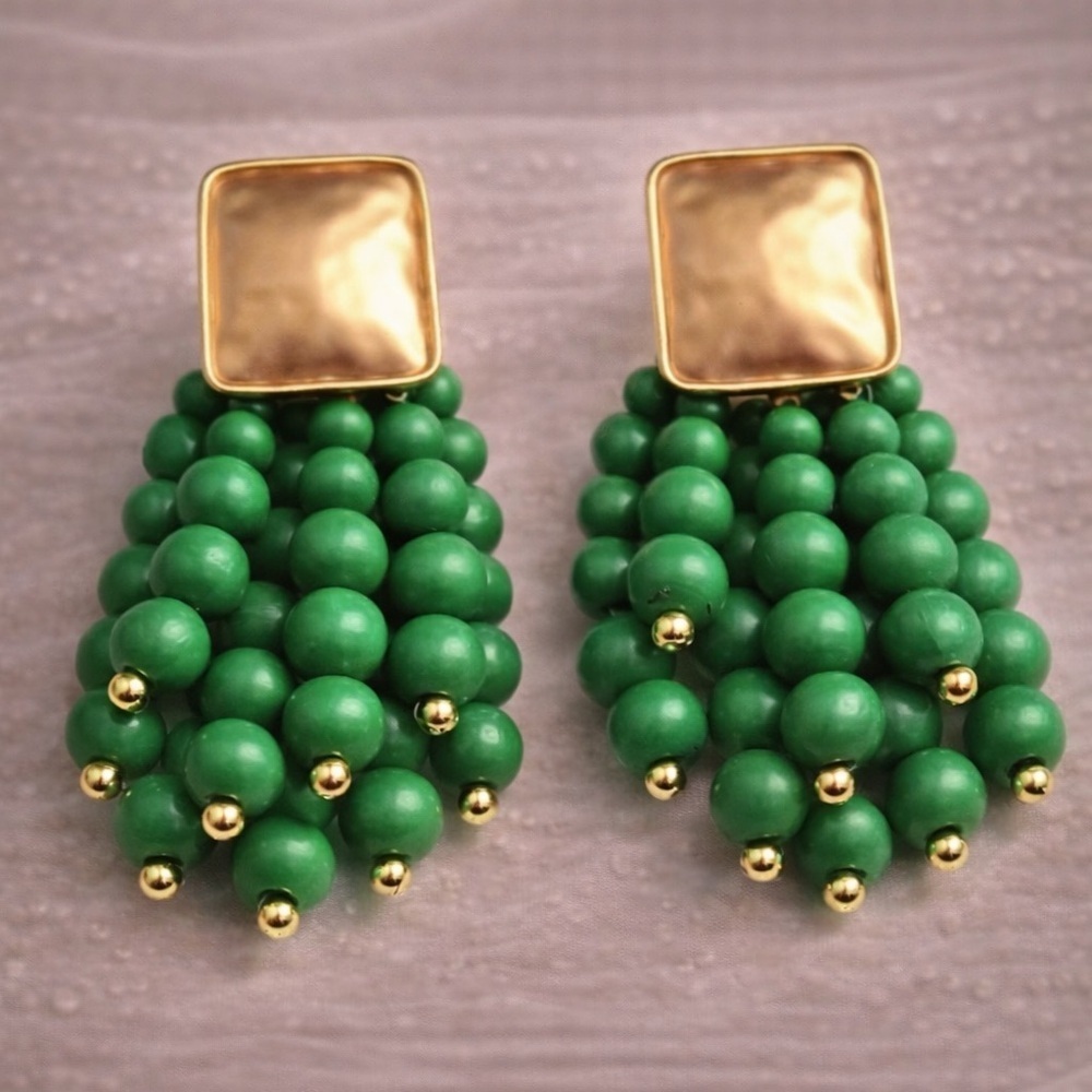 Vintage Gold Green Cascade Beaded Earrings